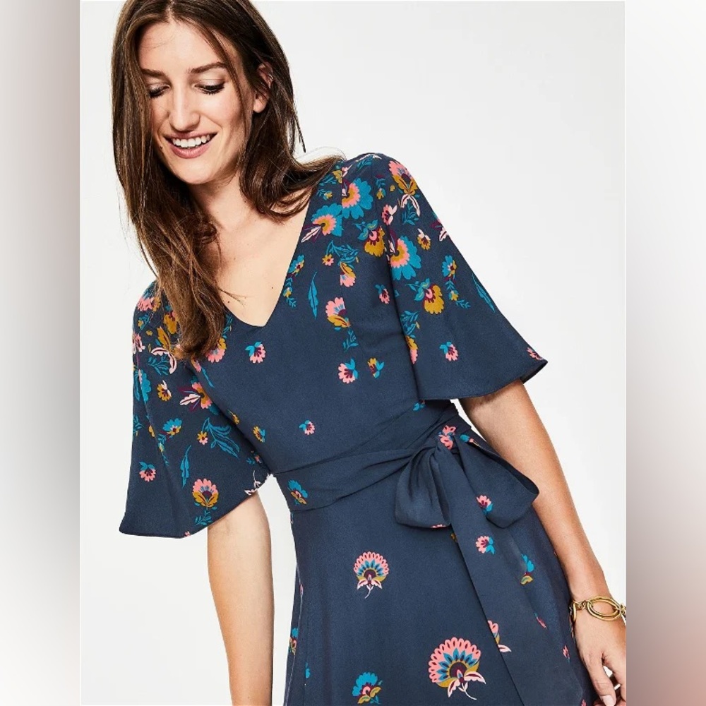 BODEN Emilie V Neck Midi Dress Navy Blue Flourish Pink Floral Size US 8R UK12R - Picture 5 of 16